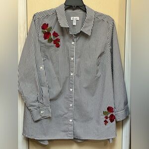 New Striped Shirt with Red Floral Embroidery